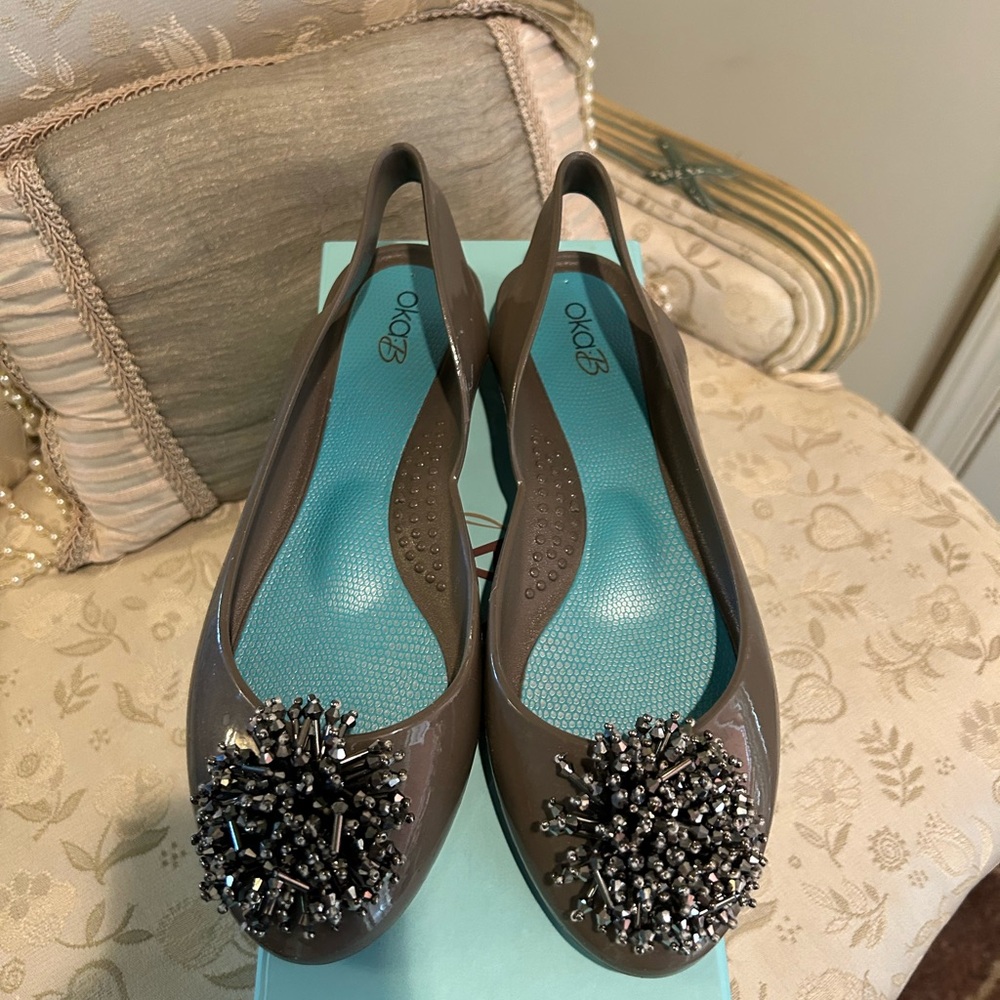 OKA b. Women's Taupe Slingback Flats with Silver Beaded Accents sz6